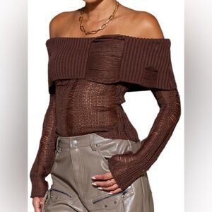 Off-Shoulder Brown Knit Sweater